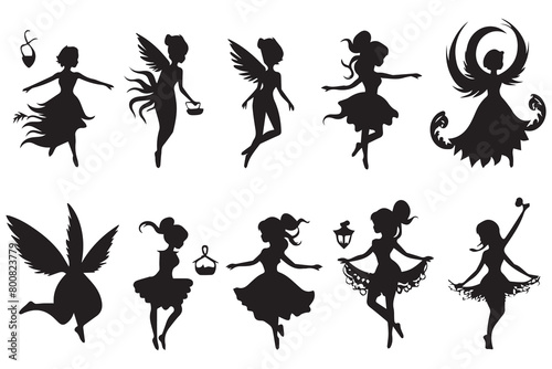 Set of silhouettes of fairies vector isolated on white background. Magical fairies in the cartoon style Free Vector