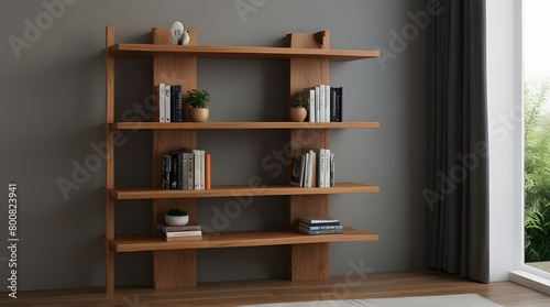 Wooden bookshelf .Generative AI