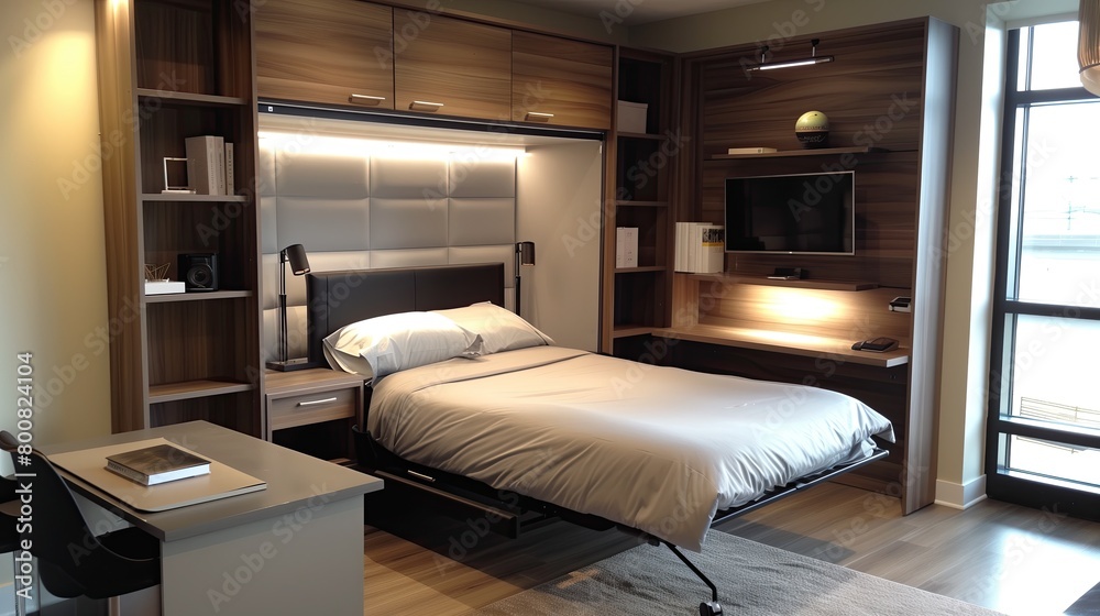 A sleek multipurpose room with a Murphy bed and a fold-out desk A sleek multipurpose room with a Murphy bed and a fold-out desk