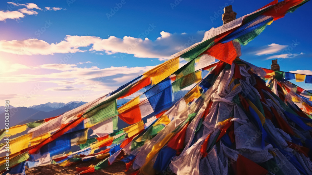 Colorful prayer flag on blue sky background