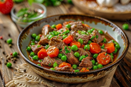 Beef ragout with vegetables on wooden background focus on the dish