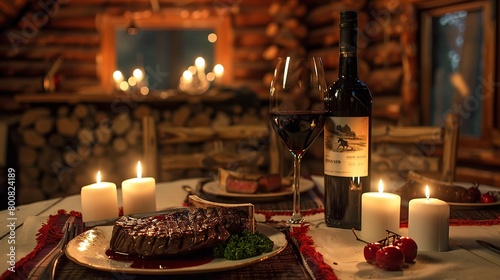 Luxury cabin with steak and wine in romantic room. image of food. copy space for text.