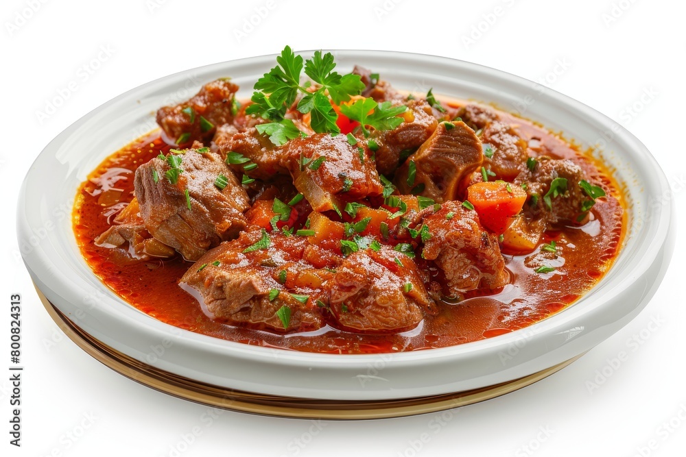 Beef stew goulash with sauce on white background Beef stew goulash with sauce on white background