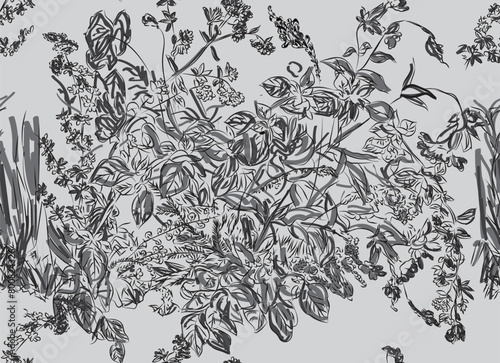 toile floral leaves hand sketch hand drawn monochrome leaves seamless pattern repeated print graphic vector artwork