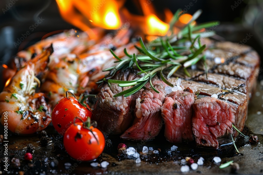 Beef with rosemary and salt grilled with prawns and tomatoes Beef with rosemary and salt grilled with prawns and tomatoes