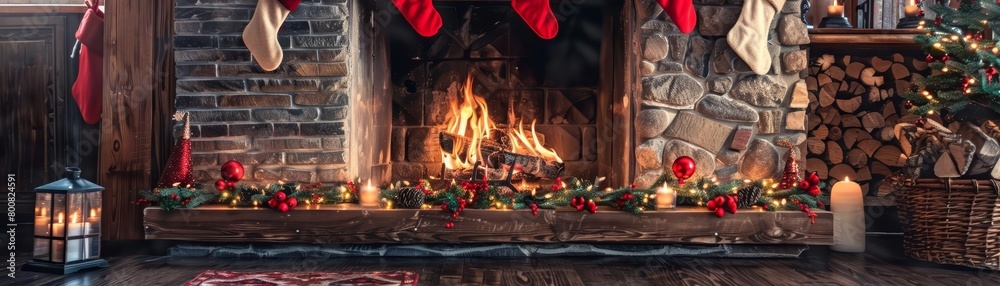 A cozy fireplace surrounded by plush stockings and garland