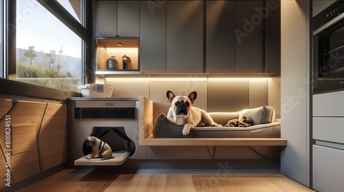 A sleek pet-friendly space with a custom pet bed and feeding station photo