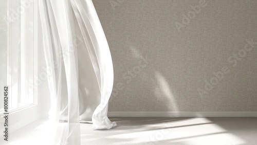 Empty beige wall room in sunlight from window  blowing white sheer  brown blackout curtain tree shadow on baseboard  carpet floor for luxury  minimal interior design decoration  product background 3D