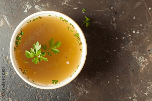 Bird s eye view of homemade chicken bouillon or broth