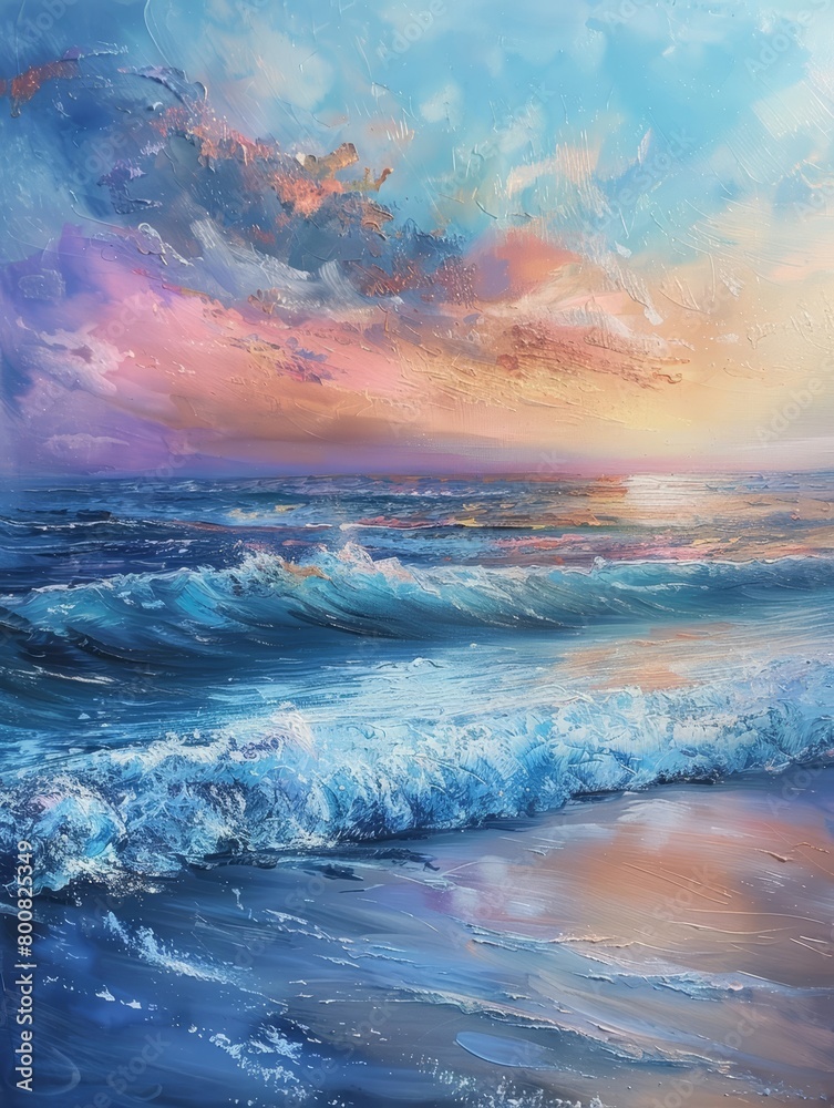 A serene beach scene with gentle waves crashing against the shore, and a colorful sunset on the horizon