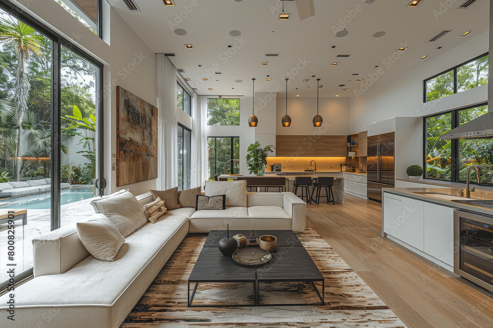 A spacious living room with an oversized sofa, sleek glass coffee table, and modern kitchen in the background. Created with Ai