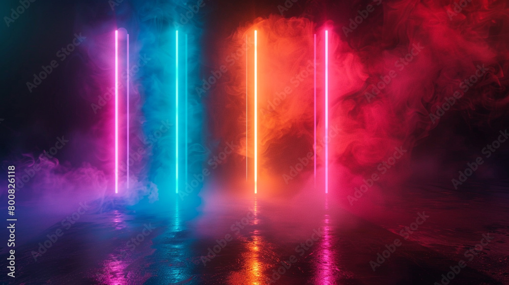  A mesmerizing smoky background illuminated by vibrant neon tube lights, casting an otherworldly glow in the darkness