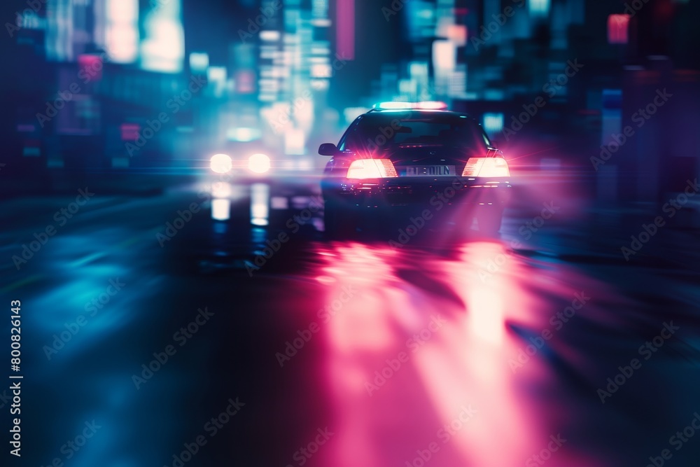 Blurred image of police car lights patrolling city at night Blurred image of police car lights patrolling city at night