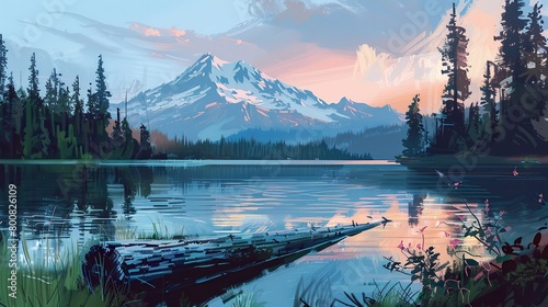 A painting of a mountain lake at sunset in shades of blue and pink. There are trees along the shore and snow-capped mountains in the distance. The sky is a gradient of pink and blue.