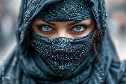 Mysterious Woman with Piercing Blue Eyes Veiled in Traditional Embroidery