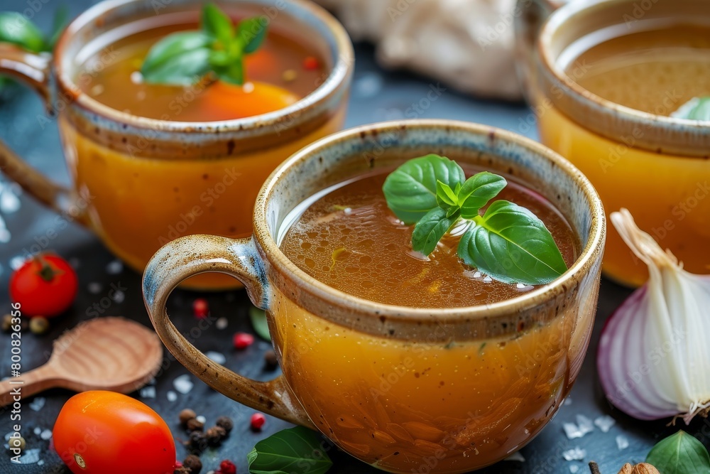 Bone broth served with spices in mugs garnished with bay leaf tomatoes and onions on a stick Bone broth served with spices in mugs garnished with bay leaf tomatoes and onions on a stick