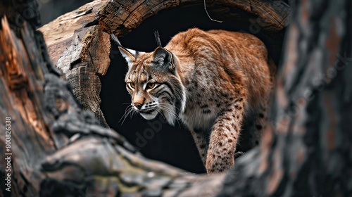 A lynx is walking on a log near a hollowed out tree trunk.

 photo