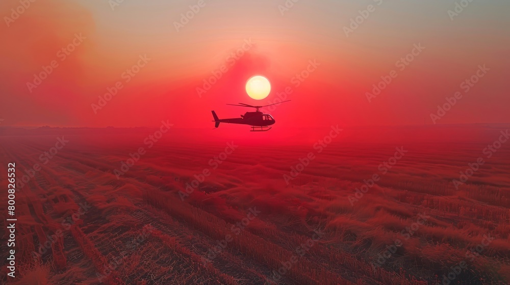 A helicopter is flying over a field of red grass A helicopter is flying over a field of red grass