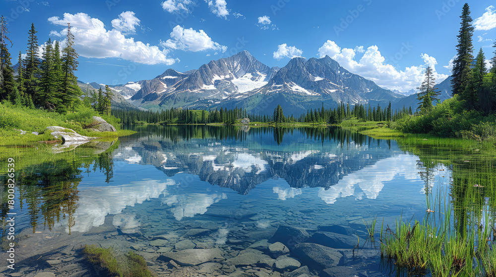 Create an impressive mountain landscape with snowcapped peaks, reflecting in the clear blue sky and surrounded by lush green forests and a serene lake. Created with Ai