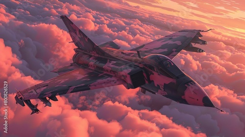 A fighter jet is flying in a cloudy sky. The sky is a light pink color and the clouds are white. The jet is mostly a dark grey color with some light grey and pink accents. There are clouds in the back