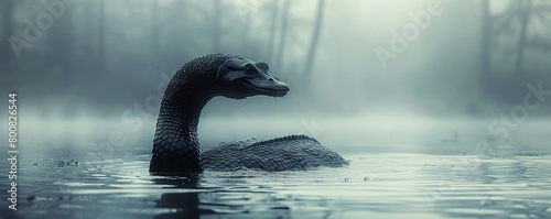 Nessie, scales, enigmatic lake monster, lurking in misty waters, rainy day, realistic image, silhouette lighting, chromatic aberration photo