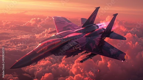 A fighter jet is flying in a cloudy sky. The sky is a light pink color and the clouds are white. The jet is mostly a dark grey color with some light grey and pink accents. There are clouds in the back