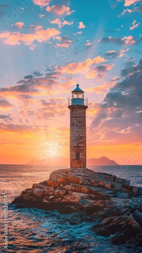 Amidst calm waves, a colossal brick lighthouse stands tall, its beacon piercing through the bright morning sky adorned with fluffy clouds