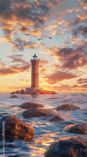 Amidst calm waves, a colossal brick lighthouse stands tall, its beacon piercing through the bright morning sky adorned with fluffy clouds