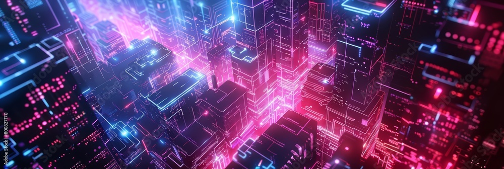 Dive into a top view of a cyberpunk city, where neon lights and digital outlines create a mesmerizing urban tapestry with copy space Dive into a top view of a cyberpunk city, where neon lights and digital outlines create a mesmerizing urban tapestry with copy space