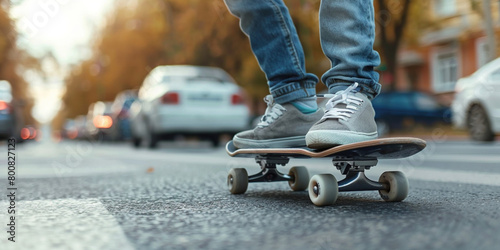 Young man ride skate on road. Dangerous safety rules traffic law emergency situation concept. Close-up feet in sneakers balancing on board. Skater teenager riding skate roadway with cars on background