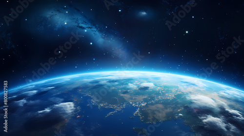 View of Earth from space with stars and galaxies in the background