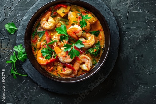 Brazilian seafood curry dish with coconut milk and vegetables served in a black bowl on a slate table Top view with copy space photo