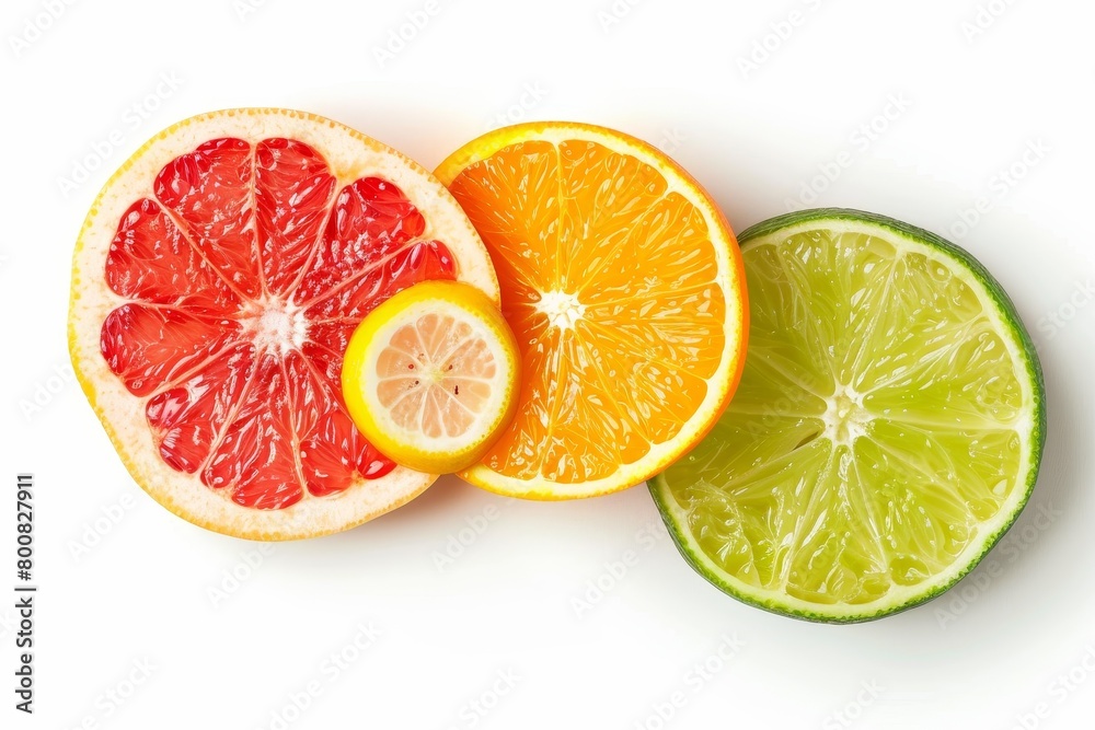 Bright citrus fruit slices on white background top view Grapefruit orange lemon lime Bright citrus fruit slices on white background top view Grapefruit orange lemon lime