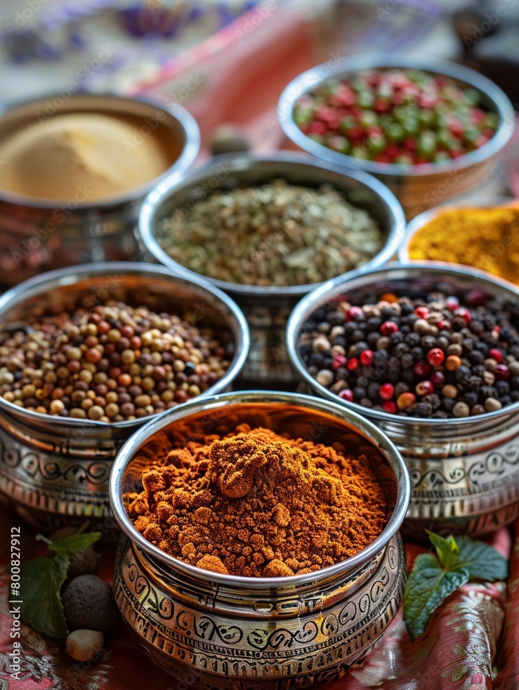 Vibrant Indian Masala Dabba, colorful spices, symbolizing the diverse flavors of Indian cooking Resting on a traditional silk tablecloth Photography Rich sunlight Chromatic Aberration