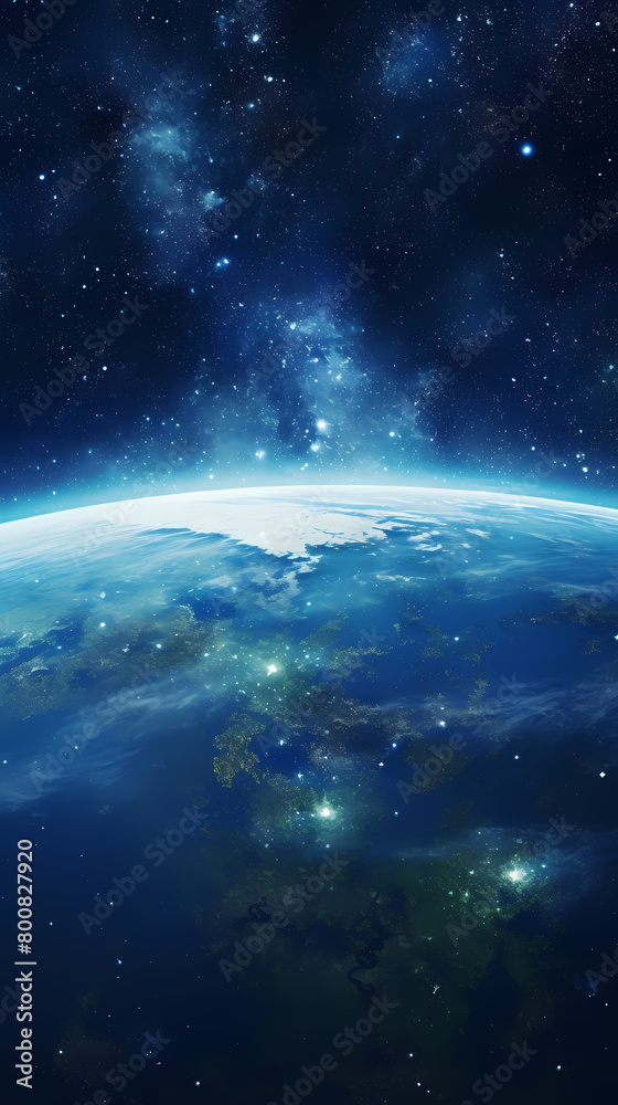 View of Earth from space with stars and galaxies in the background View of Earth from space with stars and galaxies in the background
