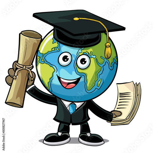 A cartoon Earth wearing a graduation cap and holding a diploma, symbolizing global education