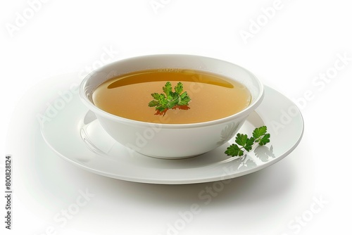Broth served on white plate