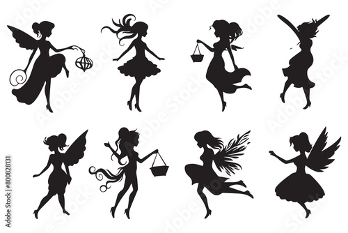 Fairy magic silhouettes set white background