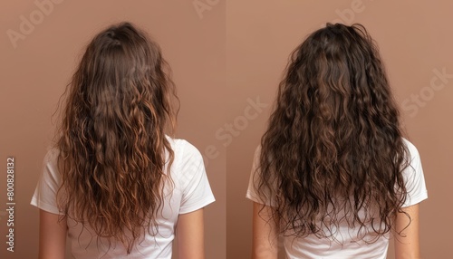 Brown background studio woman with frizzy heat damaged hair Lady showcasing keratin treatment results before and after salon procedure