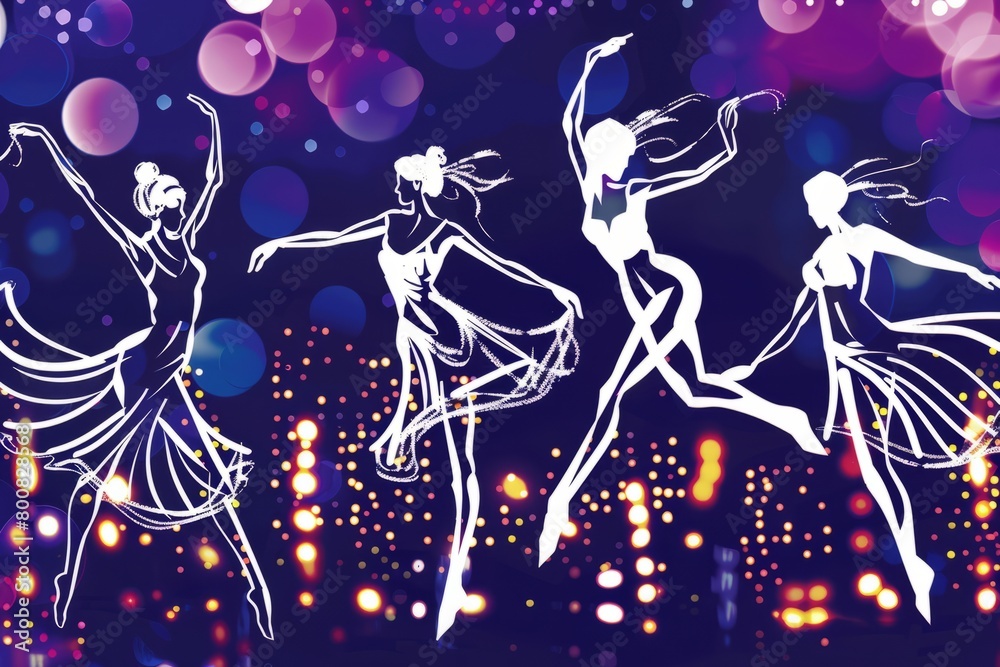 Cartoon cute doodles of a rooftop dance performance, with graceful ...