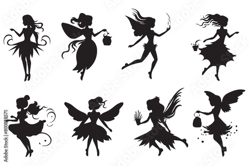 Fairy magic silhouettes set white background