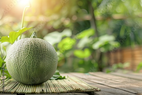 Cantaloupe melon on bamboo mat surrounded by greenery in a garden photo
