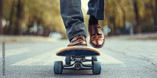 Businessman entrepreneur close-up feet in shoes comuting to work skate. Business hipster skating riding skateboard culture sustainable transport care about nature concept. photo