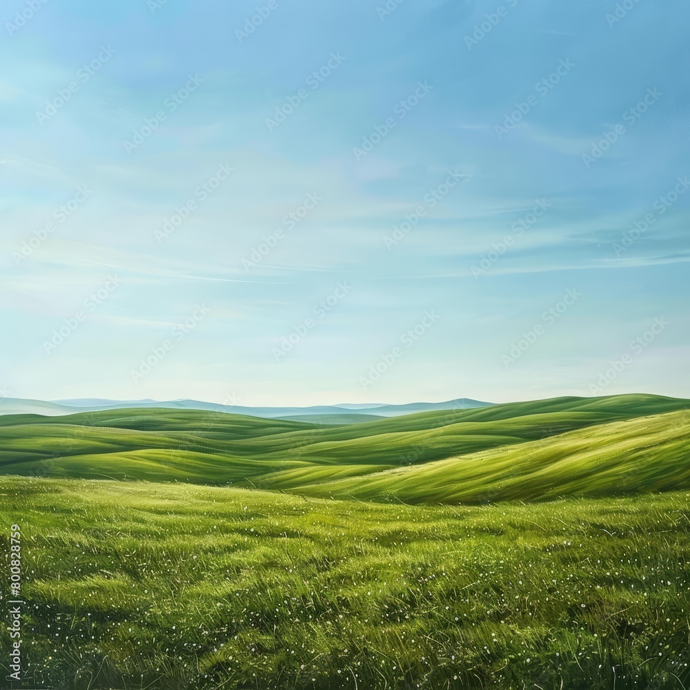 Produce an art piece highlighting the tranquil beauty of endless green pastures under a clear sky, emphasizing the peacefulness of nature Produce an art piece highlighting the tranquil beauty of endless green pastures under a clear sky, emphasizing the peacefulness of nature