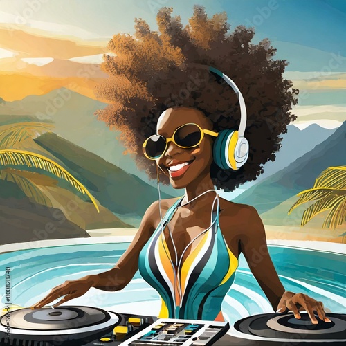 アフロヘアーの黒人女性DJのイラスト