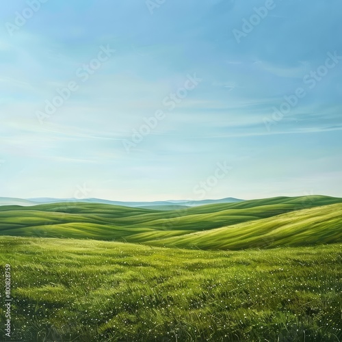 Produce an art piece highlighting the tranquil beauty of endless green pastures under a clear sky, emphasizing the peacefulness of nature