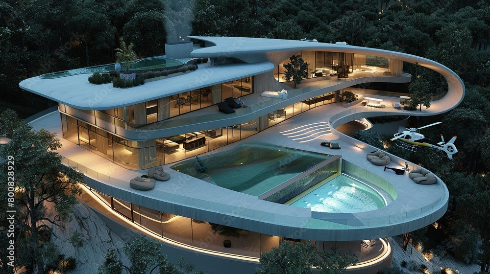 A modern house built on a cliff with a helipad on the roof and a pool ...