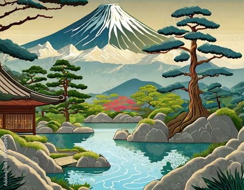 日本庭園と富士山のイラスト