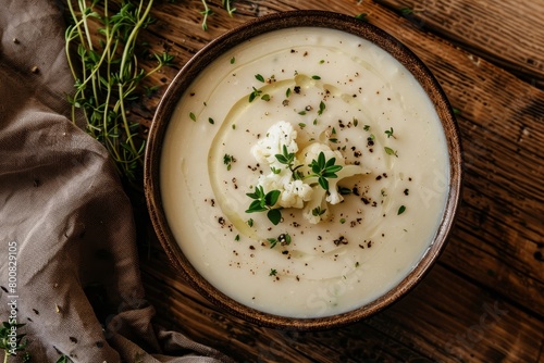 Cauliflower soup in a wooden bowl photo