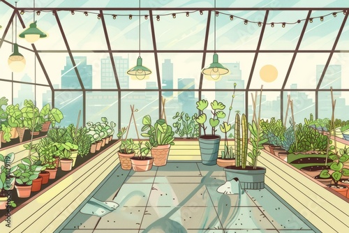 Cartoon cute doodles of a rooftop greenhouse, with rows of plants and vegetables thriving under the care of dedicated gardeners, Generative AI